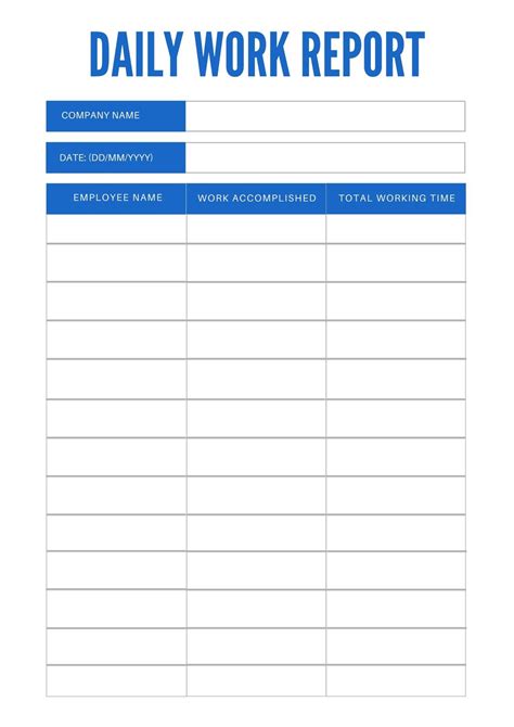 daily work report template excel free download